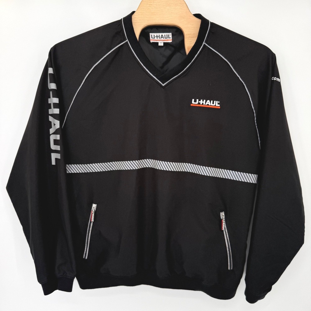 U-Haul Windbreaker Men 2XL Black Corporate Pullover Reflective V-Neck Jacket